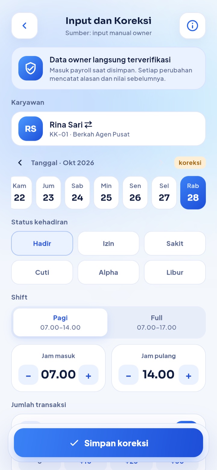 Input dan koreksi: Perbaiki absen dengan alasan tercatat