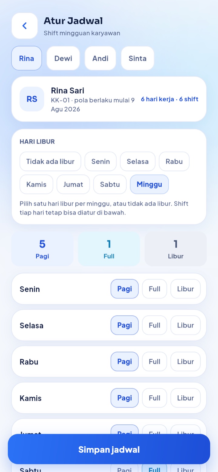 Atur jadwal: Shift mingguan dan hari libur