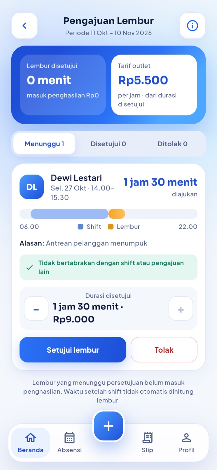 Pengajuan lembur: Setujui, ubah durasi, atau tolak