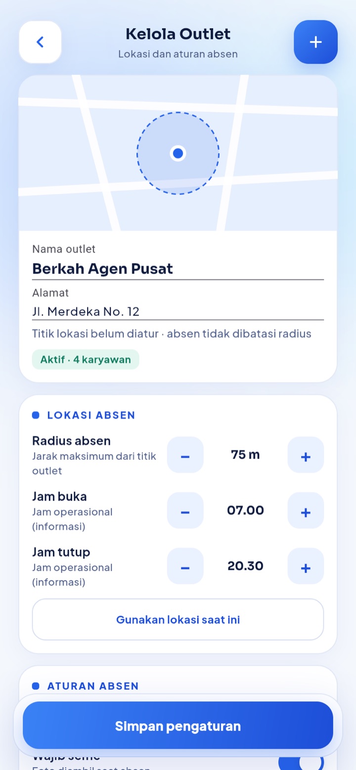 Kelola outlet: Lokasi, radius absen, dan jam buka