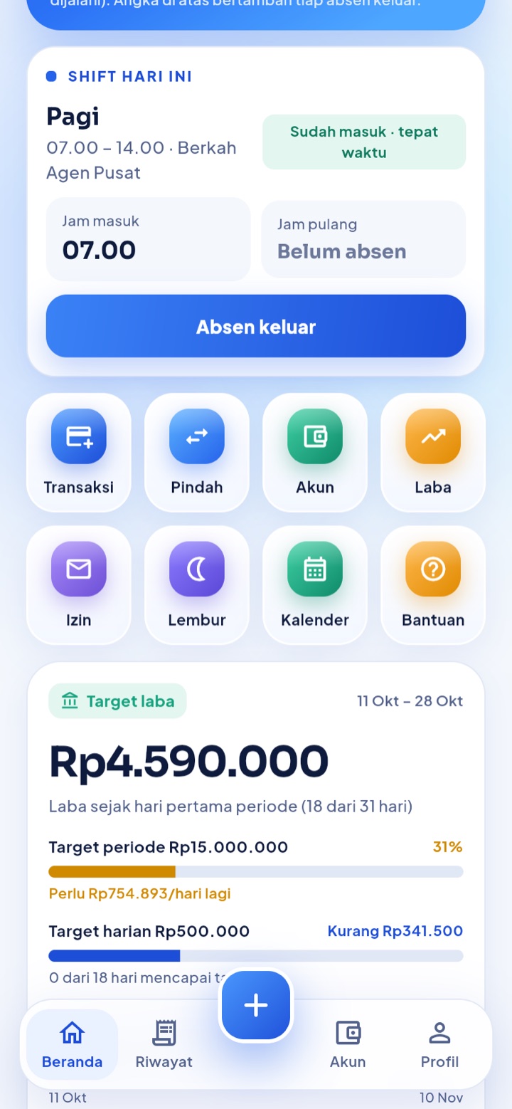 Menu cepat dan target: Transaksi, pindah saldo, akun, dan target laba