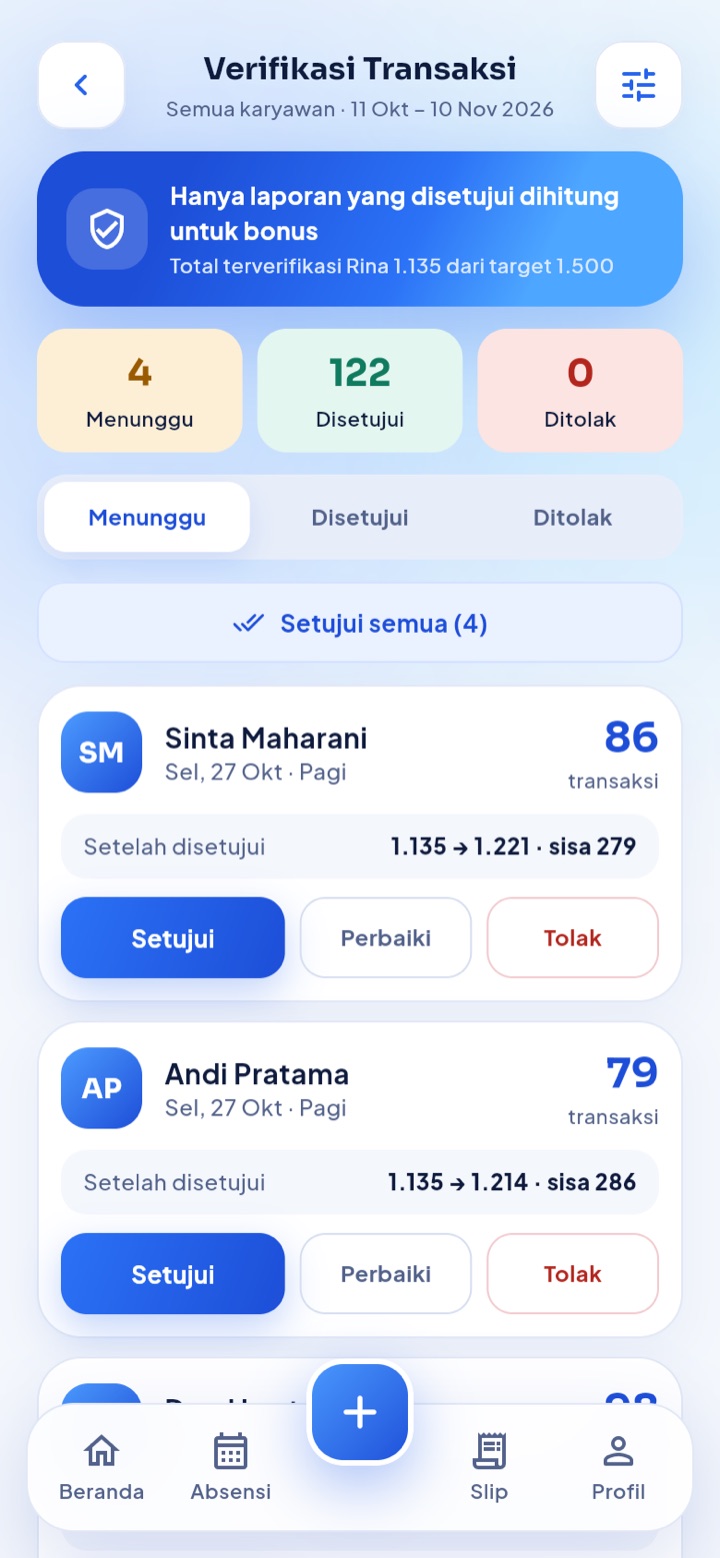 Verifikasi transaksi: Setujui laporan sebelum masuk bonus